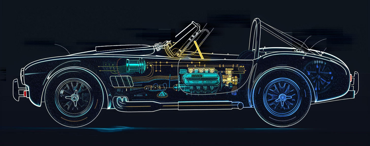 Cutaway drawing of a roadster — steering, drivetrain, and engine lit as the three dimensions